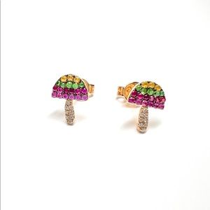 14k Yellow Gold Multi Gemstone And Diamond Mushroom Stud Earrings